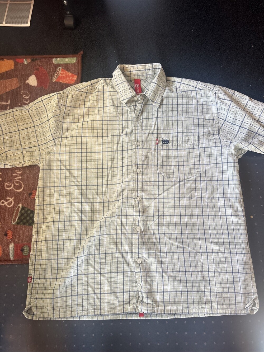 Ecko Unltd. Button Shirt Mens XL Plaid White Blue Short Sleeve Skatewear Y2K